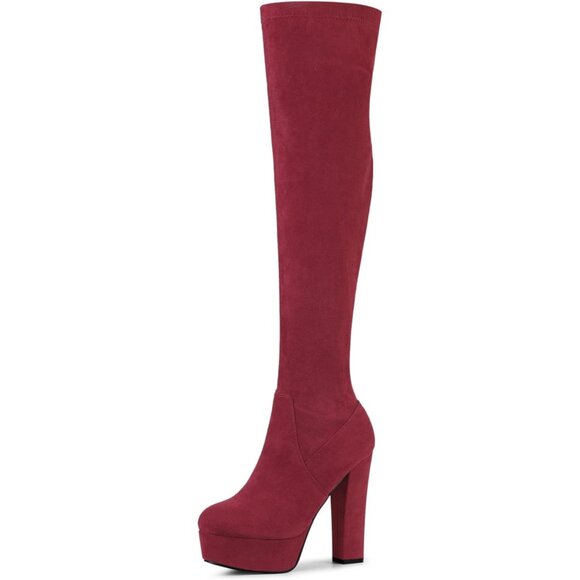 Women Burgundy Suede Chunky Heel Rounded Toe Over the Knee Thigh High Long Boots - Picture 1 of 6